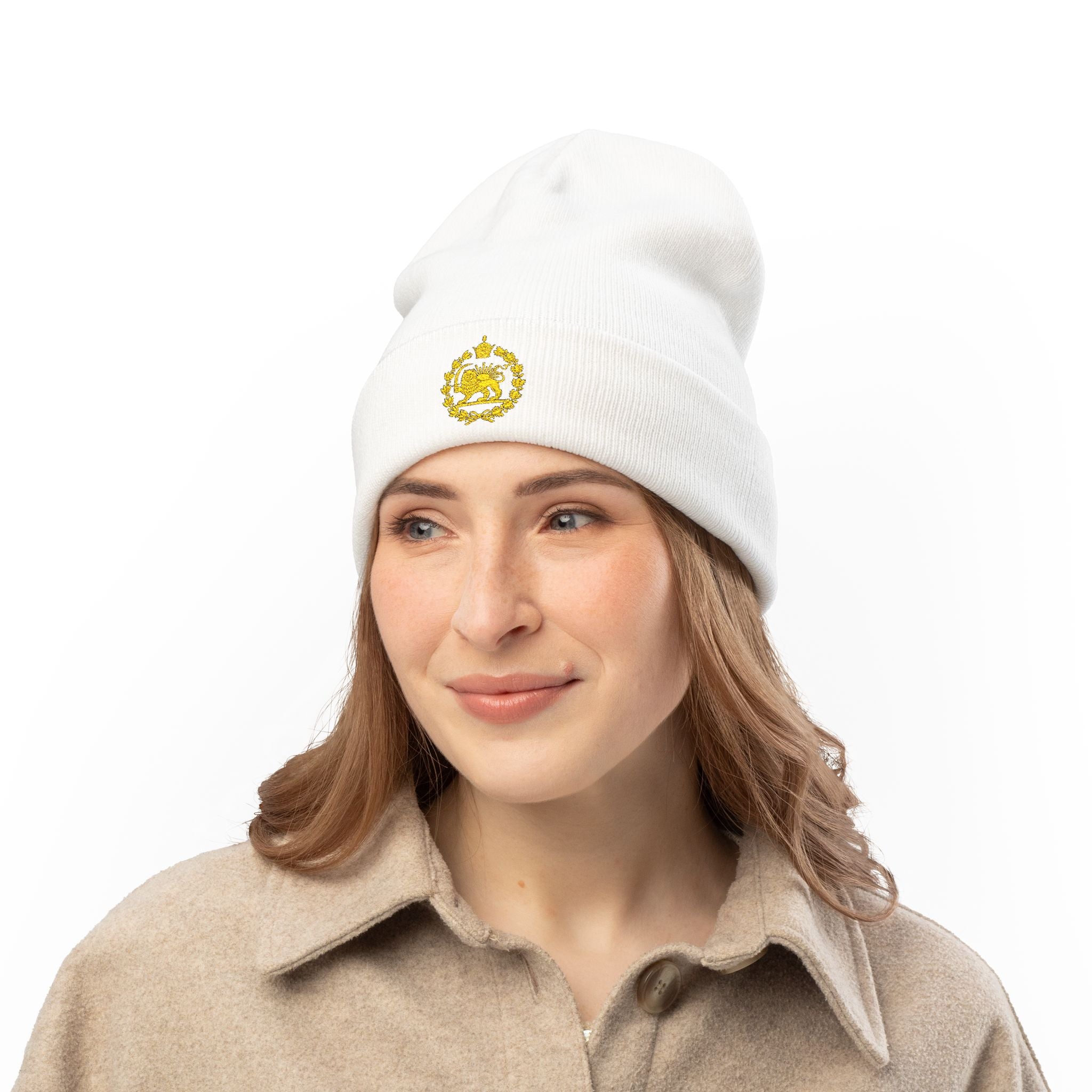 Embroidered Monarchy Lion and Sun Knit Beanie